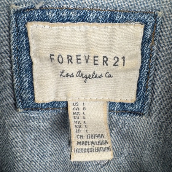 Forever 21 Denim Jacket Studded Graphic Print‎ Mad Love Freedom Rules Large - Picture 2 of 7